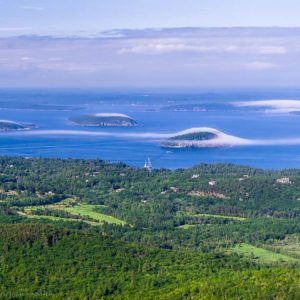 Fog rolls over the Porcupine Islands, Bar Harbor, Maine