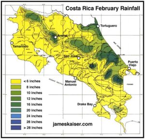 Costa Rica February average rainfall map