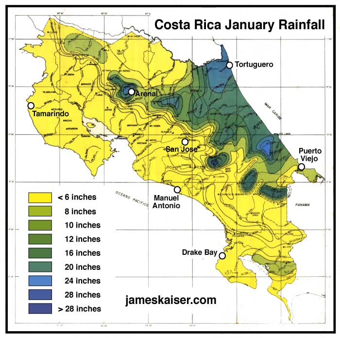 Costa Rica Average Rainfall in January Map