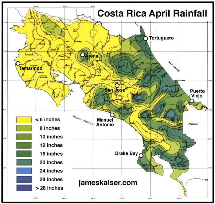 Costa Rica April rainfall map