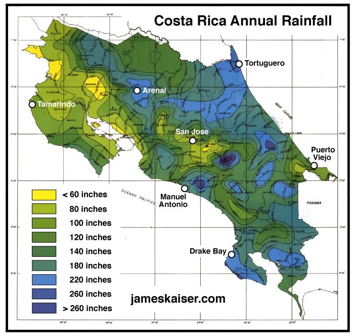 Carte des précipitations annuelles du Costa Rica