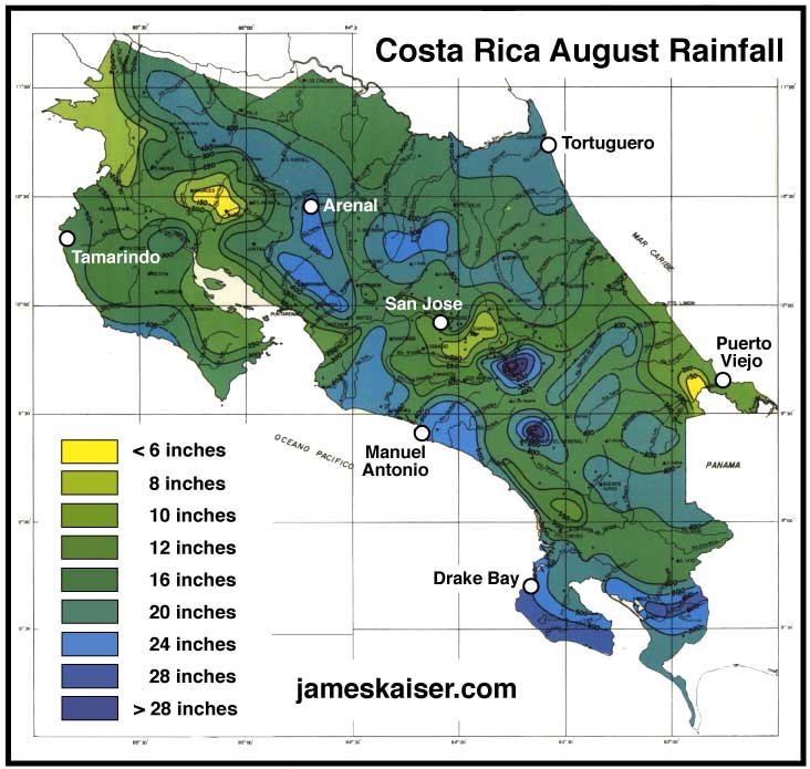 Costa Rica August rainfall map